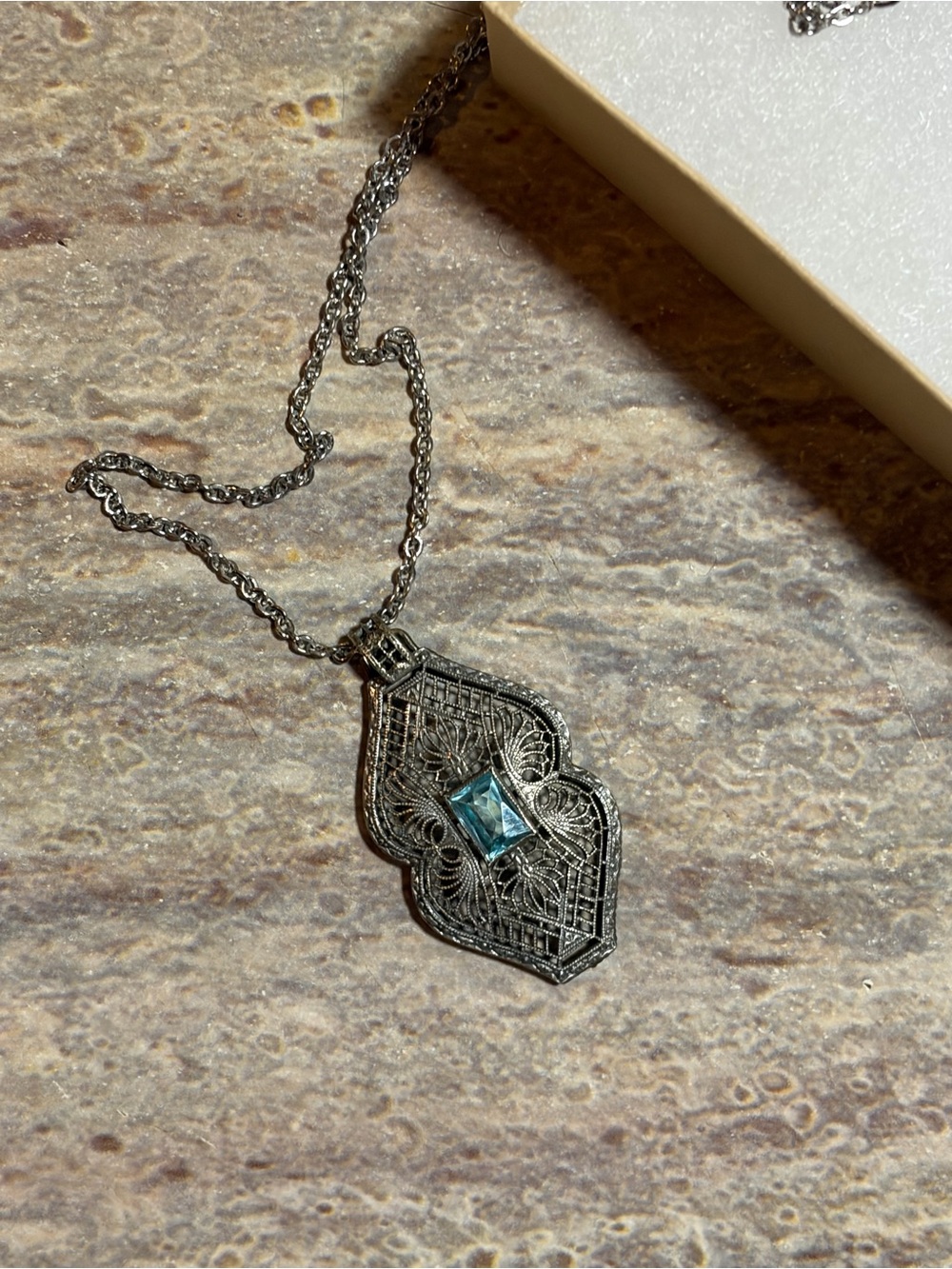 Art Deco Ornate Filigree Pendant With Light Blue Glass Stone Necklace